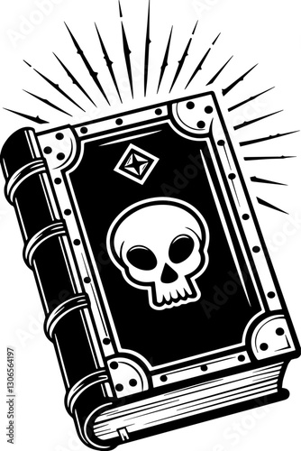 SVG vector features dark fantasy and occult magic. Dark Mystic Grimoire with Skull and Radiating Light Design