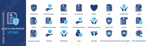 health insurance icon set. with icon health insurance, insurance, life insurance, contract, Document