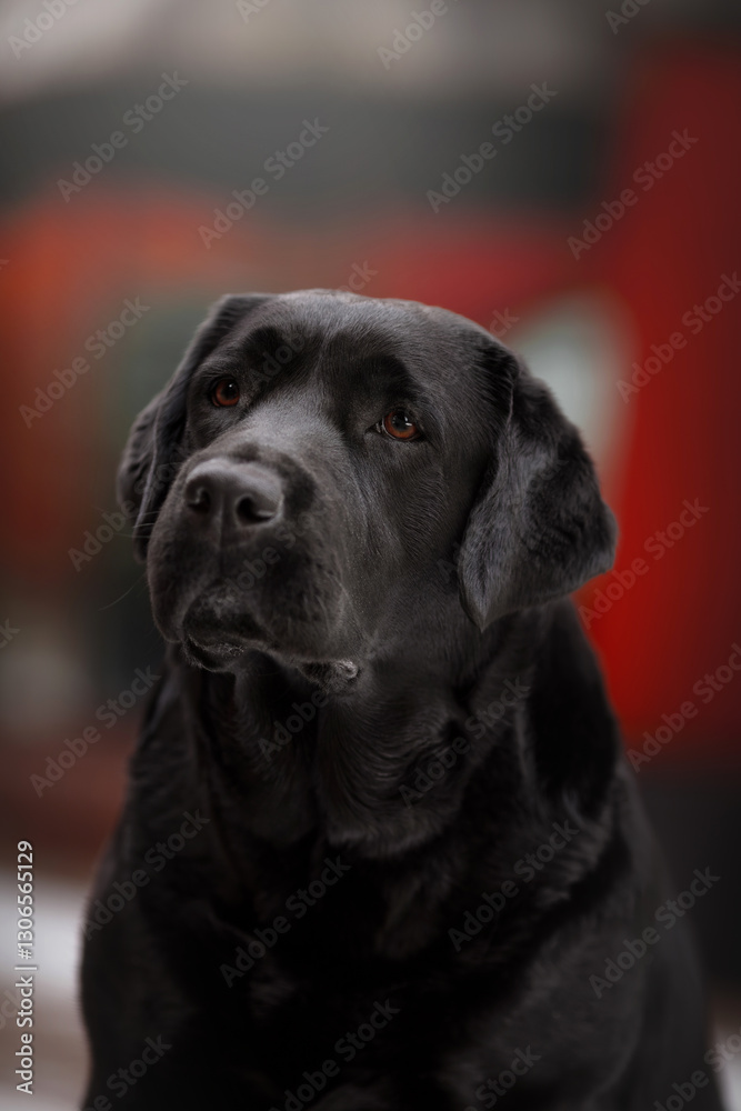 young black labrador retriever dog outdoor portrait in front of red office buildings young black labrador retriever dog outdoor portrait in front of red office buildings