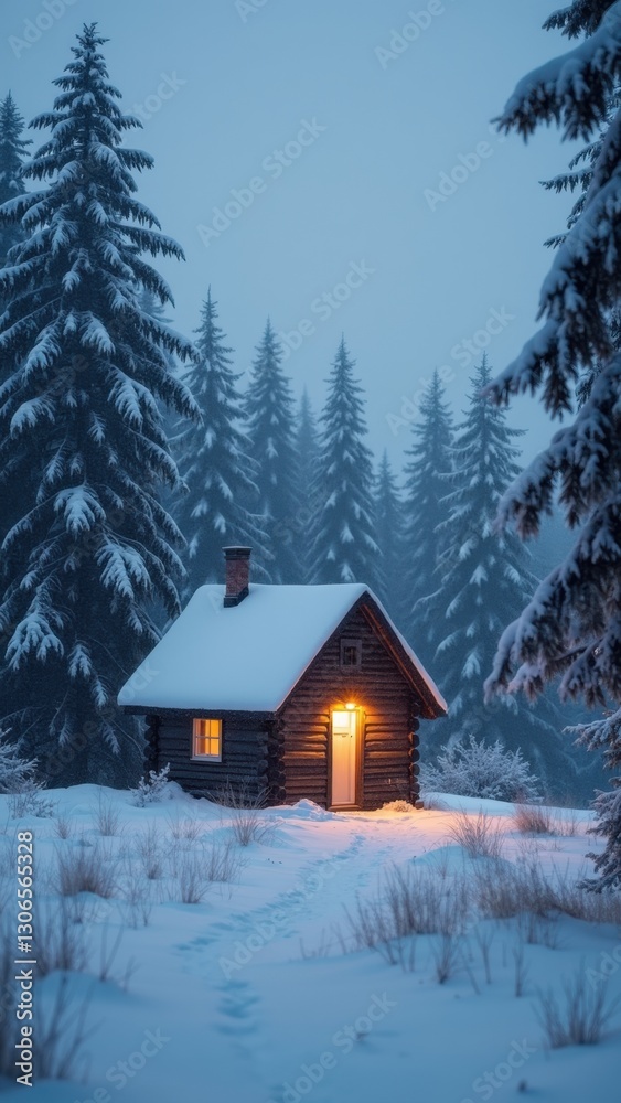 Small cabin in the woods with a chimney and a light on. The cabin is surrounded by trees and snow Small cabin in the woods with a chimney and a light on. The cabin is surrounded by trees and snow