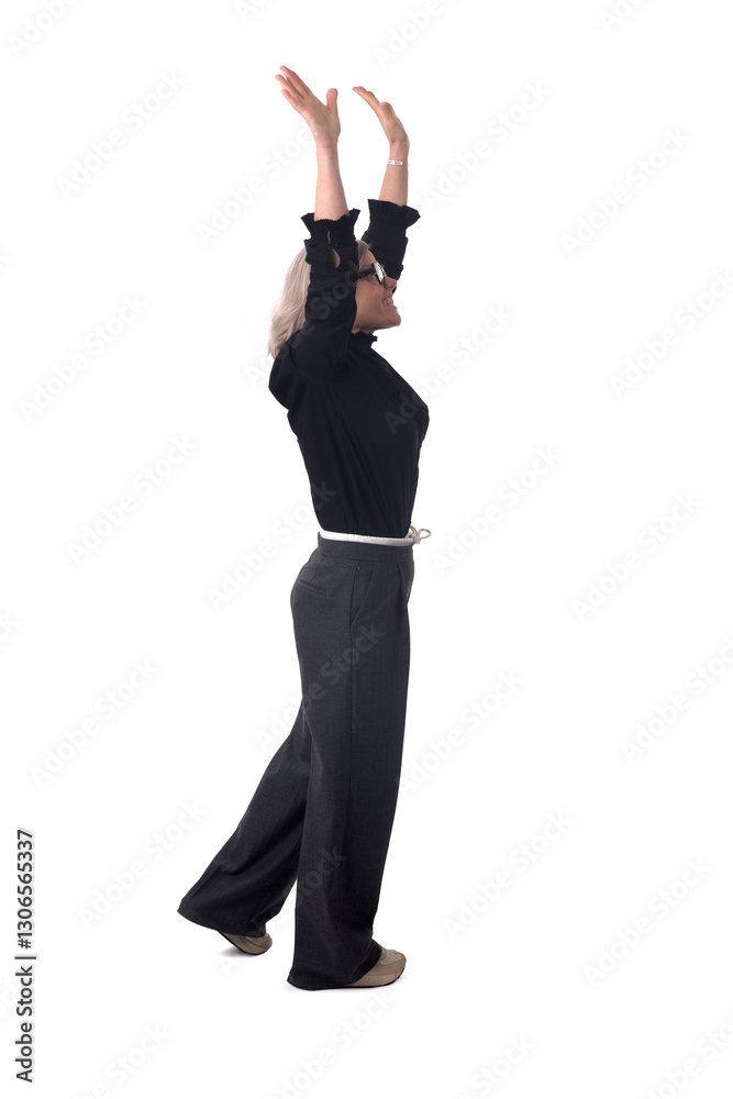 side view of happy woman raising arms on white background side view of happy woman raising arms on white background