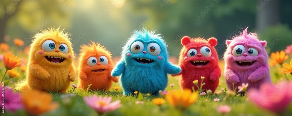 Fototapeta premium A group of adorable, fuzzy monster characters with big round eyes playing in a field of colorful flowers, flowers, cute