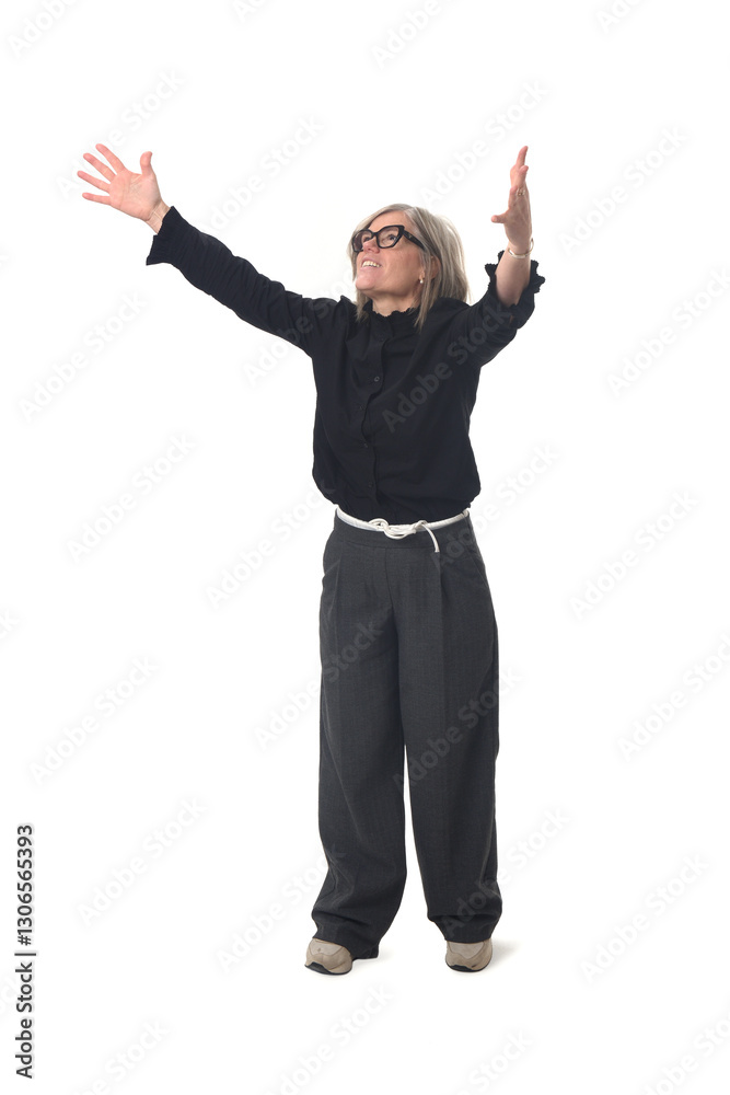 woman making an imaginary hug looking up on white background woman making an imaginary hug looking up on white background