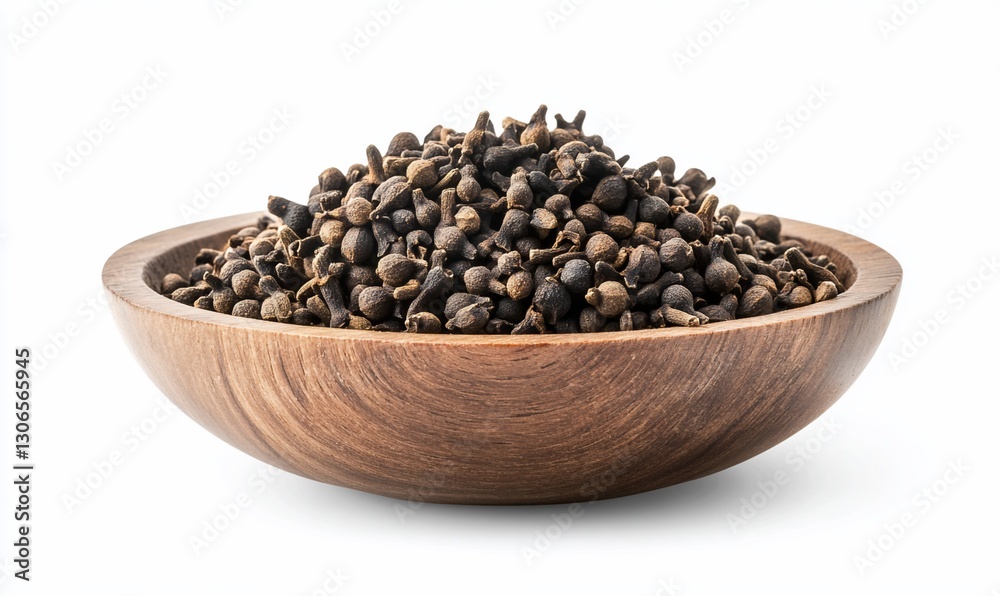 Cloves in Wooden Bowl on White Background Cloves in Wooden Bowl on White Background