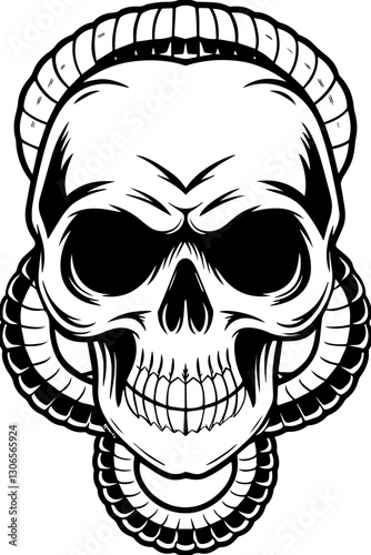SVG vector features dark fantasy skulls death and symbols. Bold Black and White Skull Illustration with Snake Design