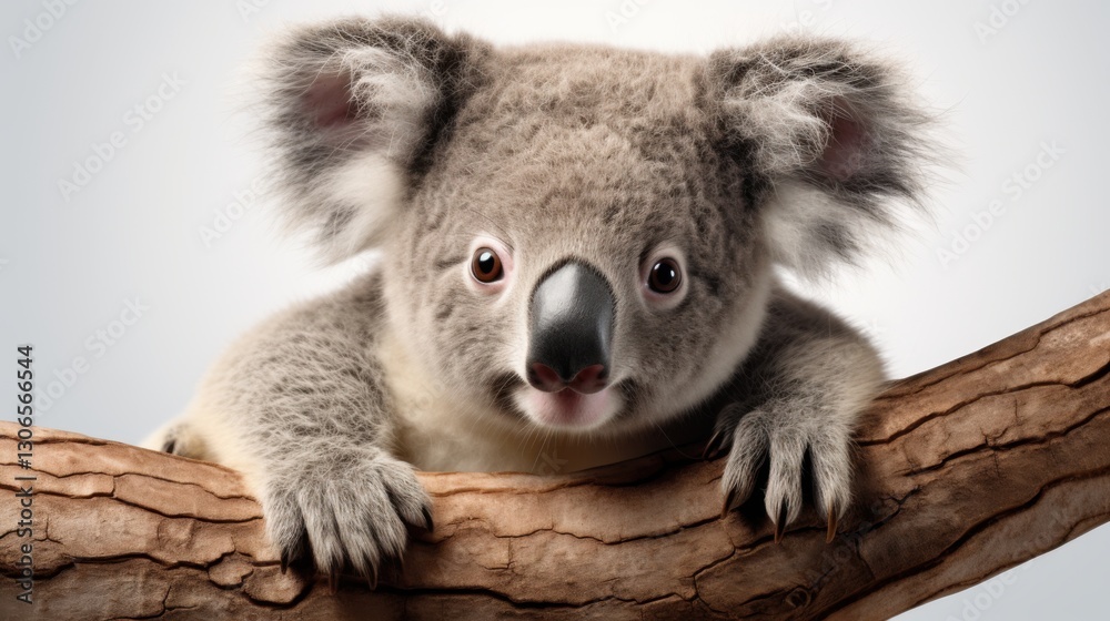 Fototapeta premium Close-up of an adorable koala clinging to a branch, captured with clarity and precision, set against a white background for easy integration into designs