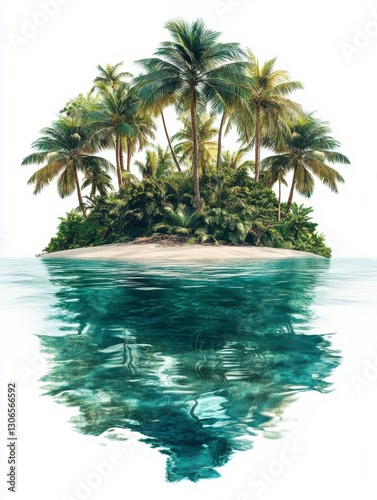 Reflective Tropical Island Paradise Lush Palm Trees, Turquoise Waters, and White Sand Beach
