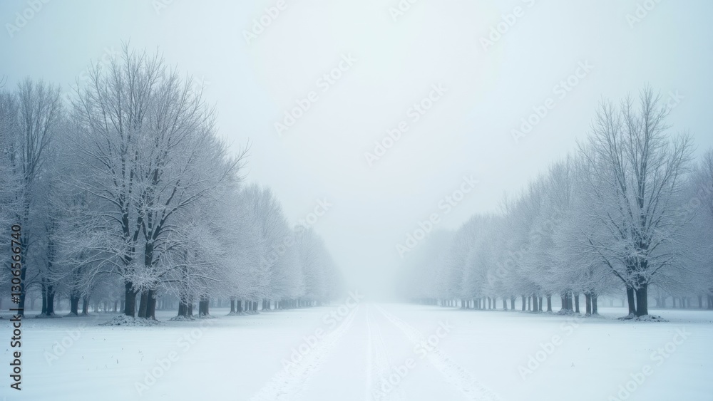Snowy road with trees in the background. The trees are bare and covered in snow. The sky is cloudy and gray, creating a moody atmosphere Snowy road with trees in the background. The trees are bare and covered in snow. The sky is cloudy and gray, creating a moody atmosphere