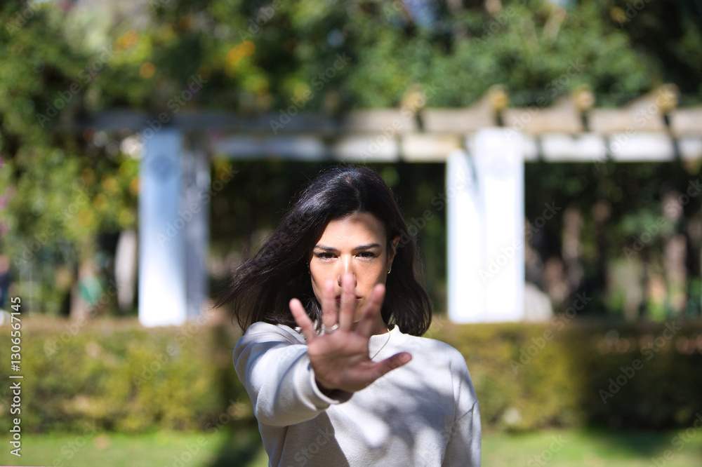 Young, beautiful, brunette Latin woman raises her hand to the front and says stop. No passing or continuing. Stop mistreatment and injustice. Face in focus and hand out of focus. Young, beautiful, brunette Latin woman raises her hand to the front and says stop. No passing or continuing. Stop mistreatment and injustice. Face in focus and hand out of focus.