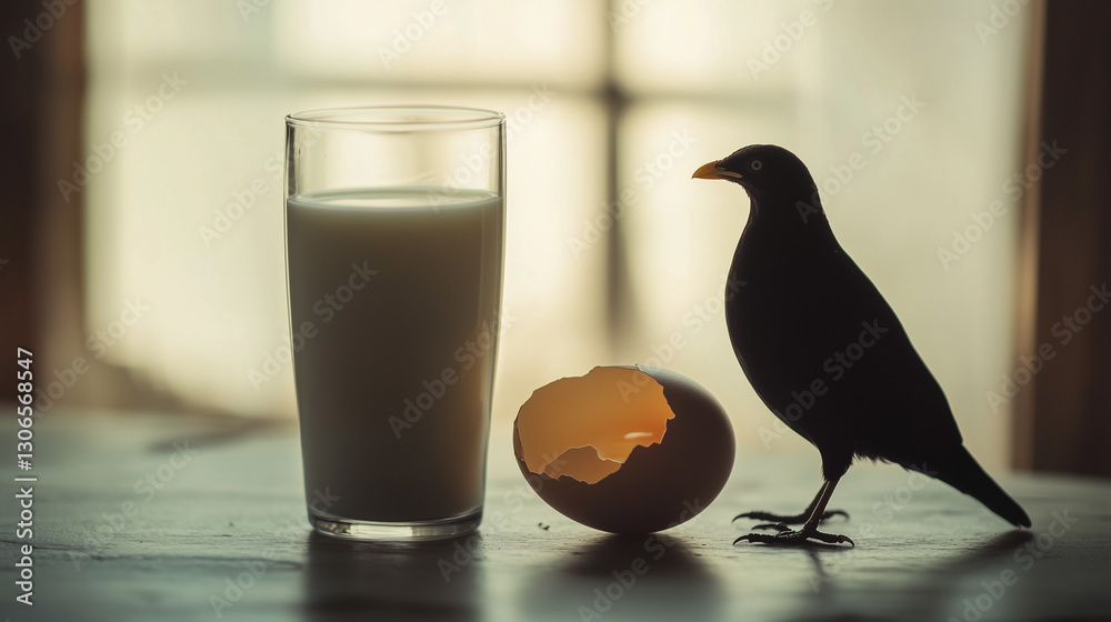 Fototapeta premium Cracked Egg and Spilled Milk on Sterile Surface with Ethereal Avian Outline: Symbolizing Foodborne Pathogen Risks and Cross-Contamination Awareness