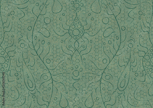 Wallpaper Mural Hand-drawn unique abstract seamless ornament. Dark green on light cold green background, with splatters of golden glitter. Paper texture. Digital artwork, A4. (pattern: p13-2a) Torontodigital.ca