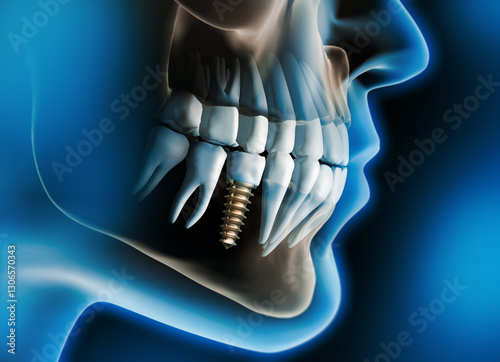 Close-up of a dental implant with crown in the lower jaw against a dark background - X Ray 3D illustration