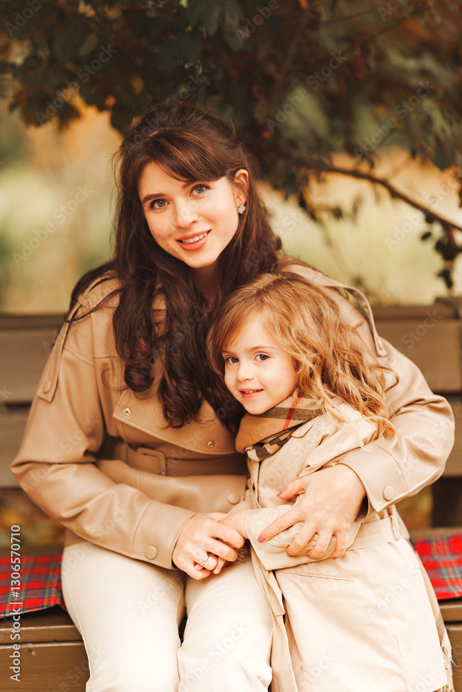 Mother and daughter enjoy a cozy moment in autumn park