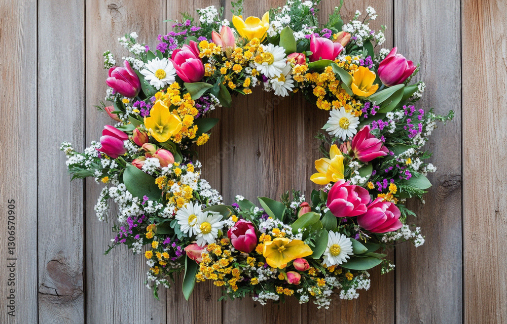Fototapeta premium Handcrafted Easter Wreath with Seasonal Flowers, Rustic and Warm Atmosphere