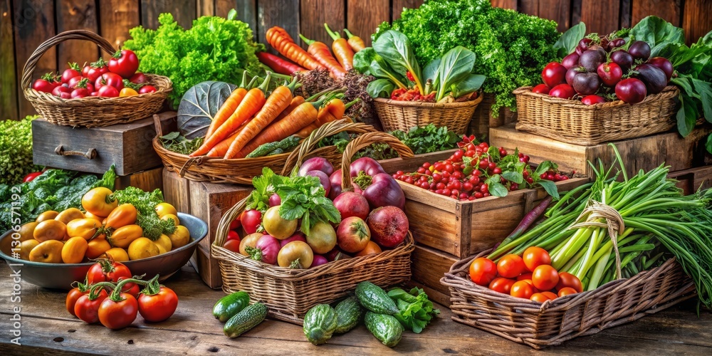 A bountiful harvest of fresh produce displayed in rustic wooden crates and wicker baskets, showcasing a vibrant array of colorful vegetables and fruits A bountiful harvest of fresh produce displayed in rustic wooden crates and wicker baskets, showcasing a vibrant array of colorful vegetables and fruits