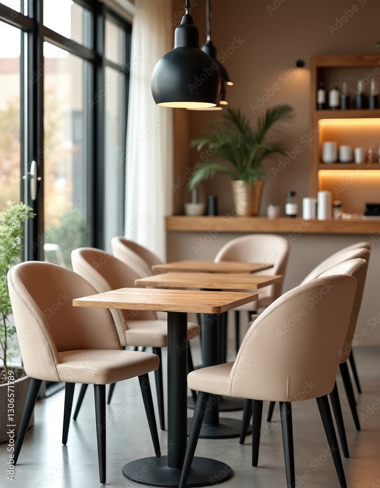 Fototapeta premium Modern interior with mocha mousse Pantone tones features furniture, decor. Stylish design includes seating, tables, lamps, plants, wood elements, creating cozy minimalist atmosphere for cafes,