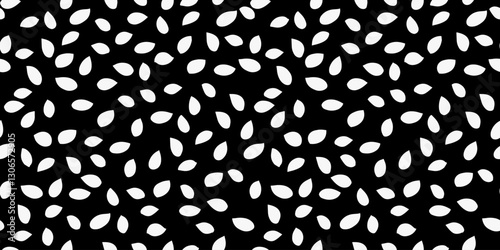 Seamless vector pattern with white petal like shapes scattered on black and white background. Minimalist and modern design, simple ornament print for textiles, wallpapers, stationery, fashion prints