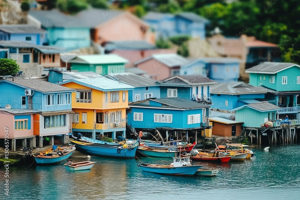 Obraz premium quiet fishing village by the sea, showcasing the colorfully painted wooden houses and bobbing boats in the harbor