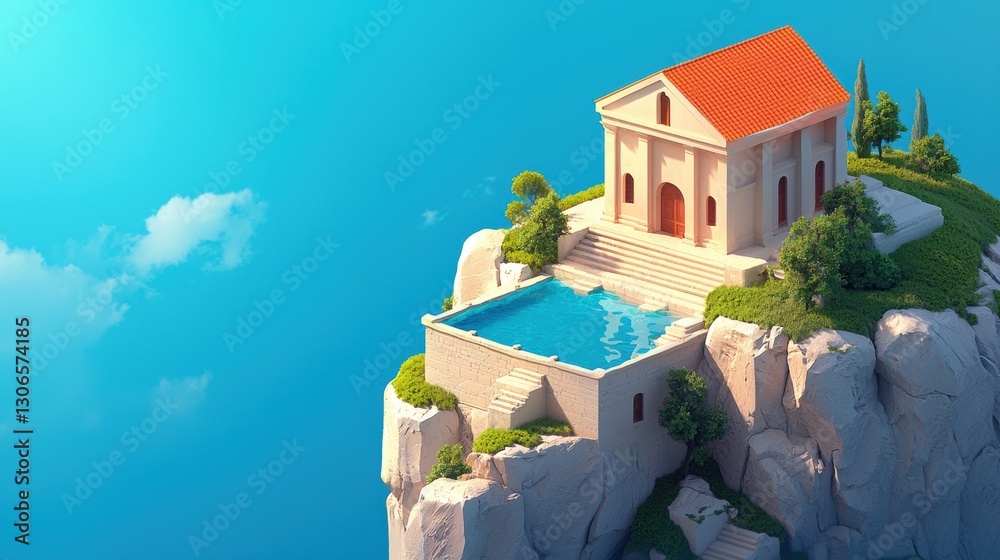 Fototapeta premium Isometric building concept. A serene cliffside villa with a pool overlooking a vast blue sky.