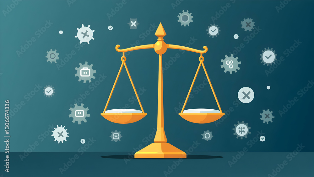 Floating Scales of Justice Surrounded by Compliance and Regulation Icons: A Symbol of Legal Balance and Fairness in Stock Photo Concept with Empty Space for Customization Floating Scales of Justice Surrounded by Compliance and Regulation Icons: A Symbol of Legal Balance and Fairness in Stock Photo Concept with Empty Space for Customization