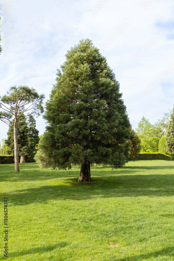 Obraz premium Public landscape park of Galitsky in sunny spring 2024. Huge young trees of giant sequoiadendron (giant sequoia or giant redwood) in city park of Krasnodar.