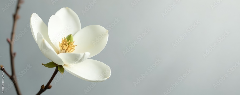 Large white magnolia flower against a soft grey background, magnolia blossoms, blooming flowers