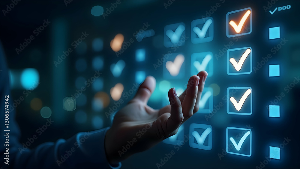 Dynamic Task Management: Visualize Holographic Checkboxes Being Marked or Cleared by Hand Gestures in a Futuristic Scene - Stock Photo Concept with Empty Space for Customization