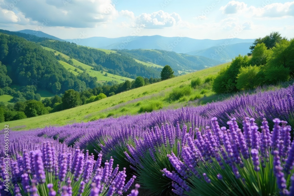 Obraz premium Lavender blooms spread across a rolling hillside, greenery, foliage, nature