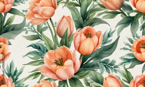 Hand-painted watercolor bouquet with peach tulips and green leaves, leaves, tulips, bouquet, hand-painted