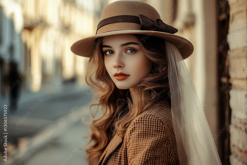 Stylish girl in a retro hat with a veil walks along an old street Stylish girl in a retro hat with a veil walks along an old street