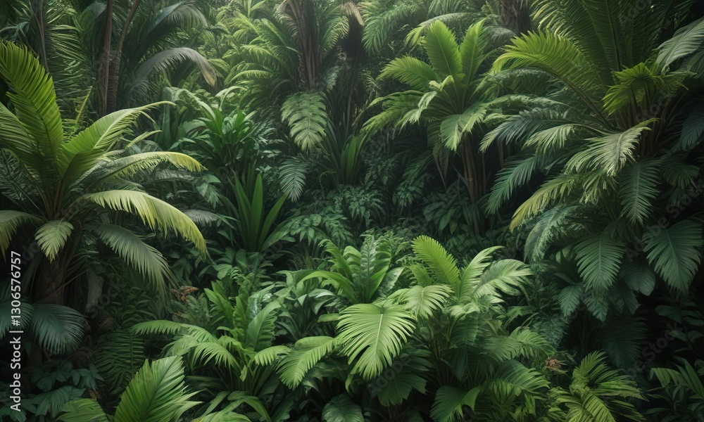 Fototapeta premium High angle shot of a dense jungle garden filled with green palm leaves and other foliage , greenery, botanicals, jungle garden