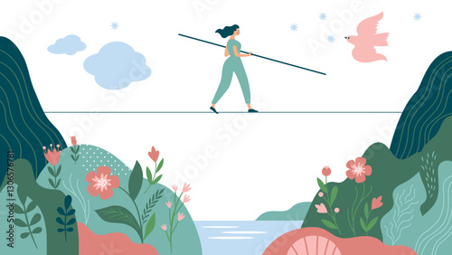 A tightrope walker girl walks over a valley with flowers