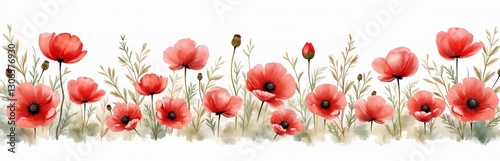 Watercolor hand drawn illustration with red poppy flowers border. Floral design with blossom decoration isolated on white background. Summer meadow botanical plant graphic for card or print design.