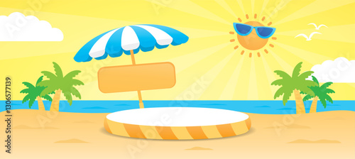 cute kawaii summer style podium display graphic 3d illustration vector for putting object or product on beach background