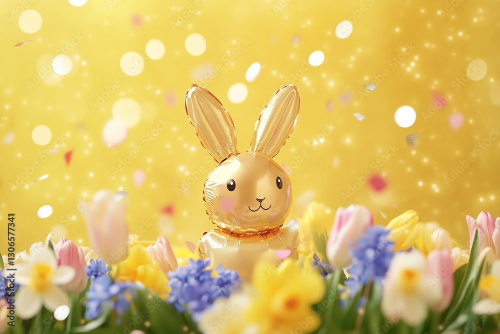 Fototapeta premium Golden bunny balloon nestled among lush pastel tulips, daffodils and blue hyacinth, with sparkling confetti floating in the air against a soft yellow background 