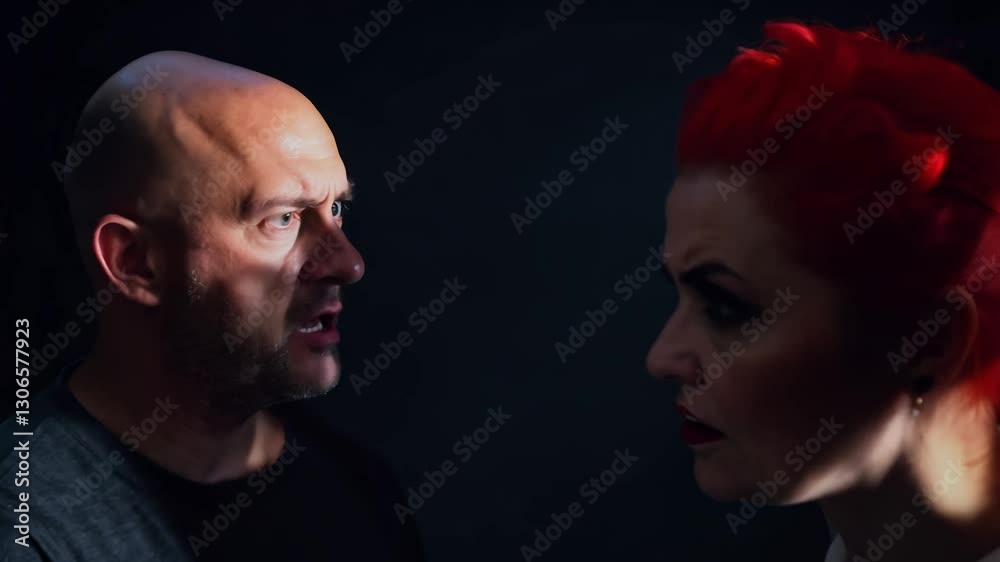 Static video, close-up of two contrasting figures, a bald man with a scar, a woman with red mohawk, dramatic side lighting, solid dark background