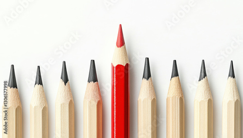 row of wooden pencils with black tips, except for one red pencil standing out among them. The concept highlights individuality, leadership, and uniqueness against a clean white background