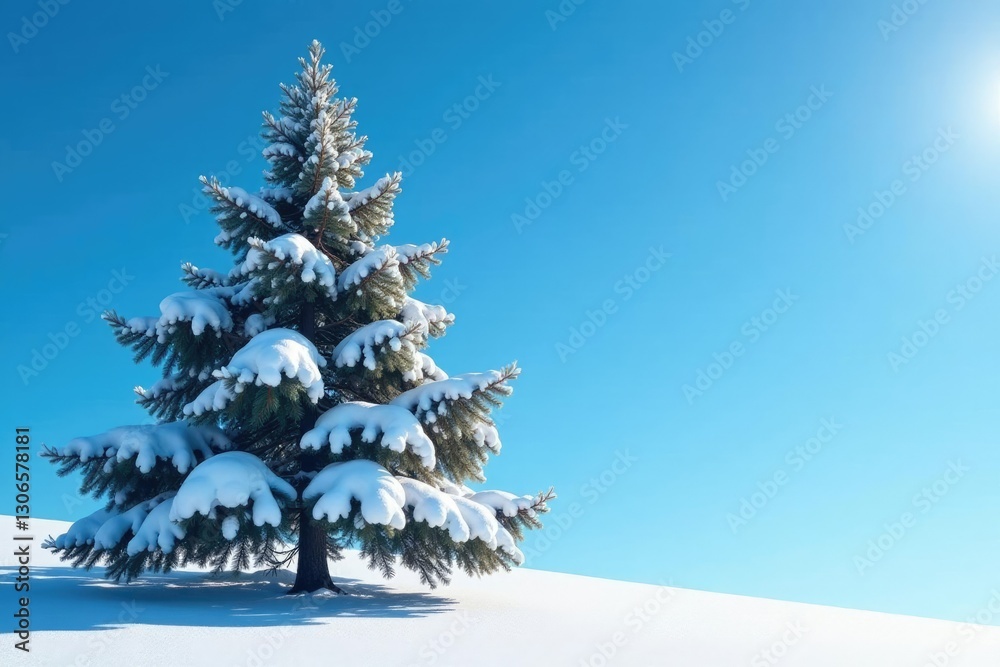 Fototapeta premium Snow-covered pine tree against bright blue sky, winter, landscape, pine tree