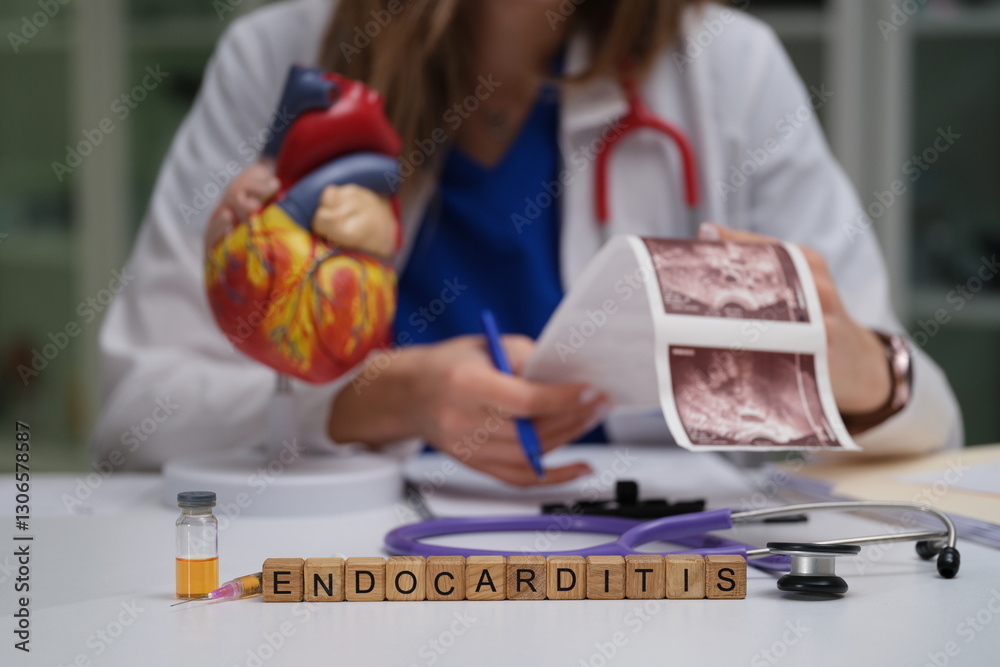 A health professional analyzes endocarditis using a heart model and medical images for better understanding