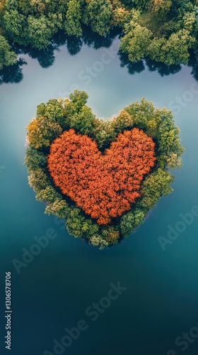 A heart shaped island covered with colorful autumnal trees