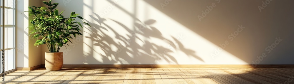 Indoor scene with a plant casting shadows on a wooden floor. Indoor scene with a plant casting shadows on a wooden floor.