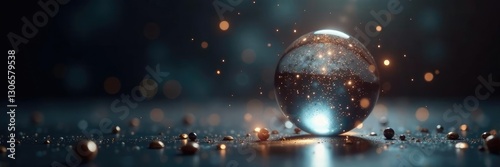 Sparkling silver sphere refracting light in a dimly lit space, reflective, ambiance