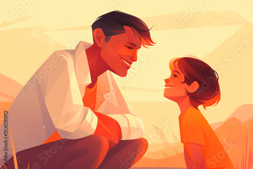 Heartwarming Illustration of Parent Child Moment, Tender Connection at Sunset, Family Bonding and Communication Theme, Parenting Love Concept photo