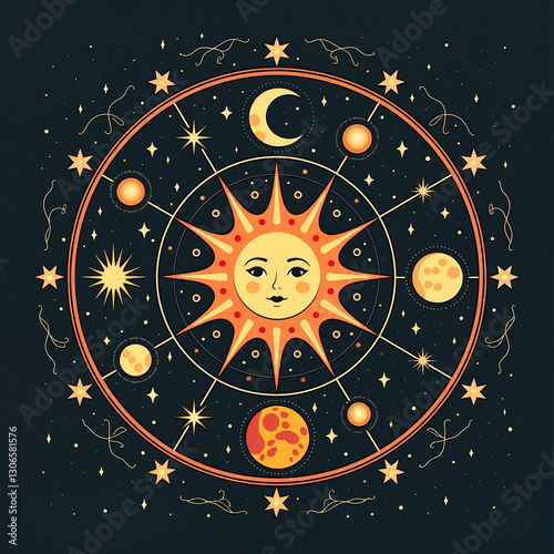 Celestial sun and moon design in cosmic circle, astrological themes