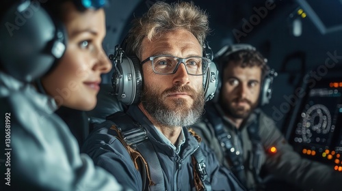 Team of Astronauts Preparing for Mission in Spacecraft Cockpit