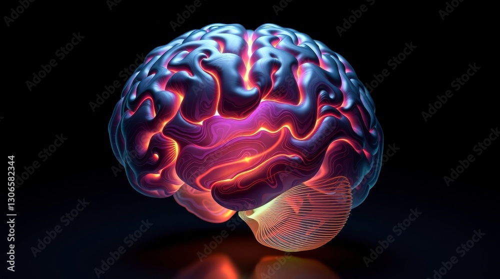 Abstract artistic rendering of a brain, highlighting its intricate structure and the flow of neural activity with vibrant colors and light.