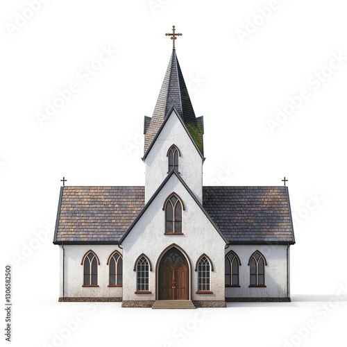 Charming white church with a tall steeple, showcasing exquisite Gothic architecture and a serene atmosphere.