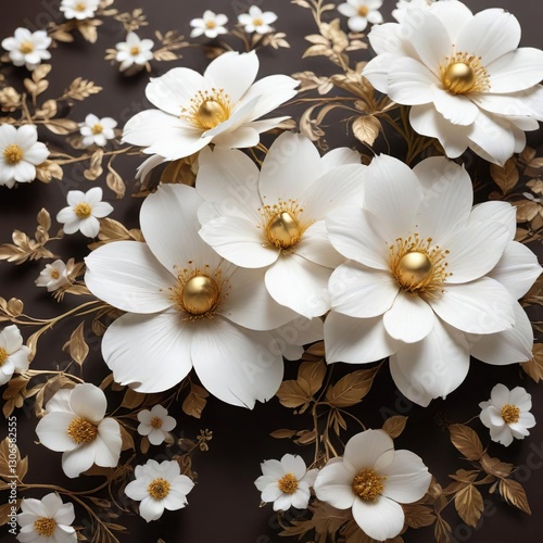 Wallpaper Mural Intricate white blooms with gold paint accents on dark brown surface, nature-inspired, lovely Torontodigital.ca