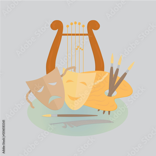 Artistic composition featuring lyre, masks, paintbrushes, and palette on light grey background for creative concepts