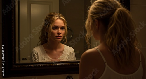 Young Woman's Intense Reflection in a Bathroom Mirror